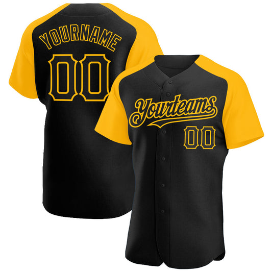 Custom Black Gold Authentic Raglan Sleeves Baseball Jersey - Main View