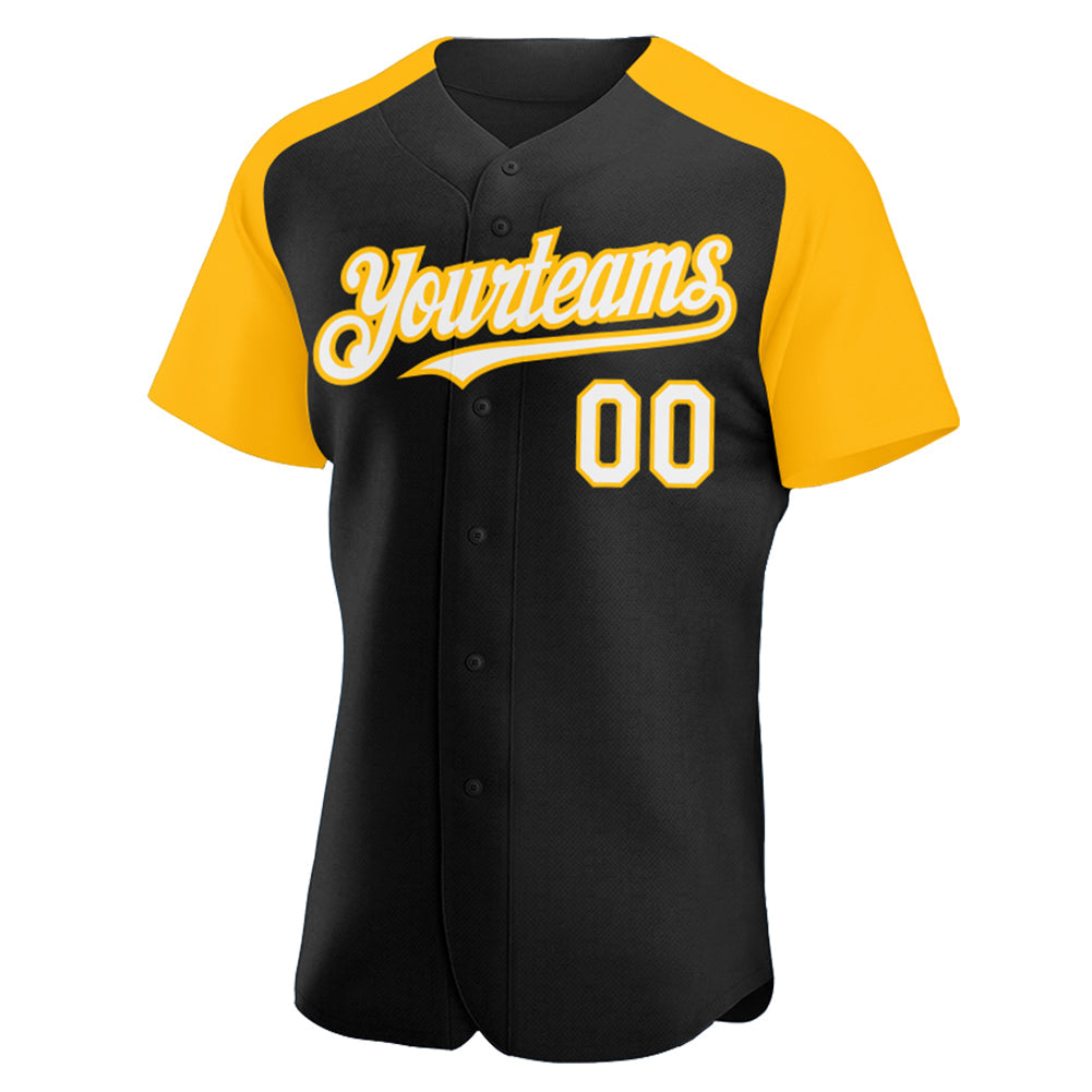Custom Black White-Gold Authentic Raglan Sleeves Baseball Jersey view 2
