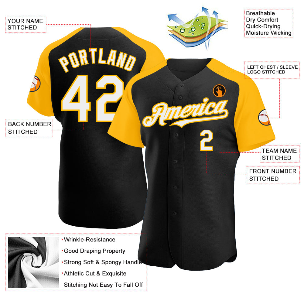 Custom Black White-Gold Authentic Raglan Sleeves Baseball Jersey view 3