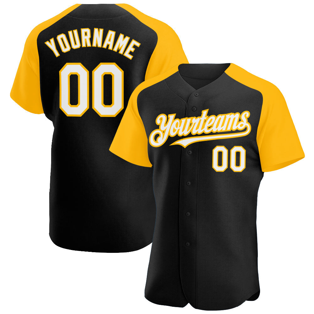 Custom Black White-Gold Authentic Raglan Sleeves Baseball Jersey - Main View
