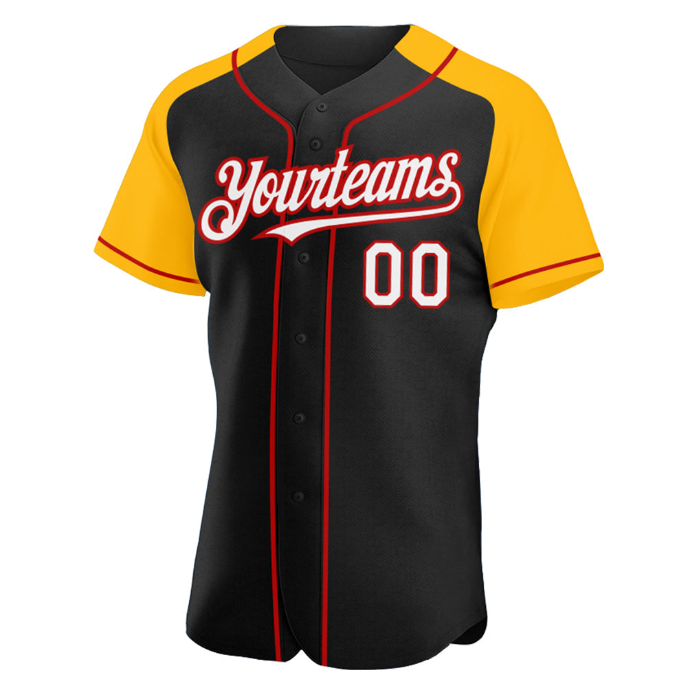 Custom Black White Gold-Red Authentic Raglan Sleeves Baseball Jersey view 2