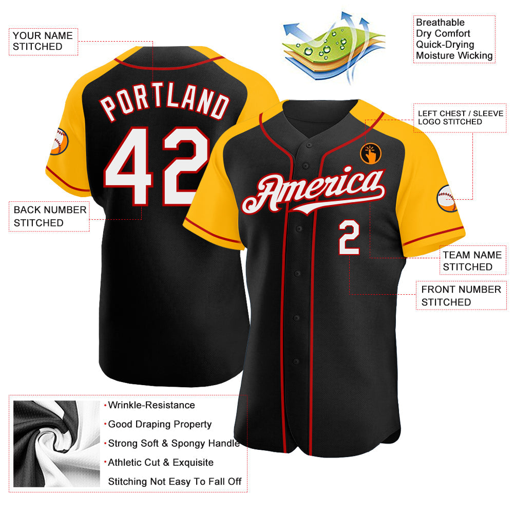 Custom Black White Gold-Red Authentic Raglan Sleeves Baseball Jersey view 3
