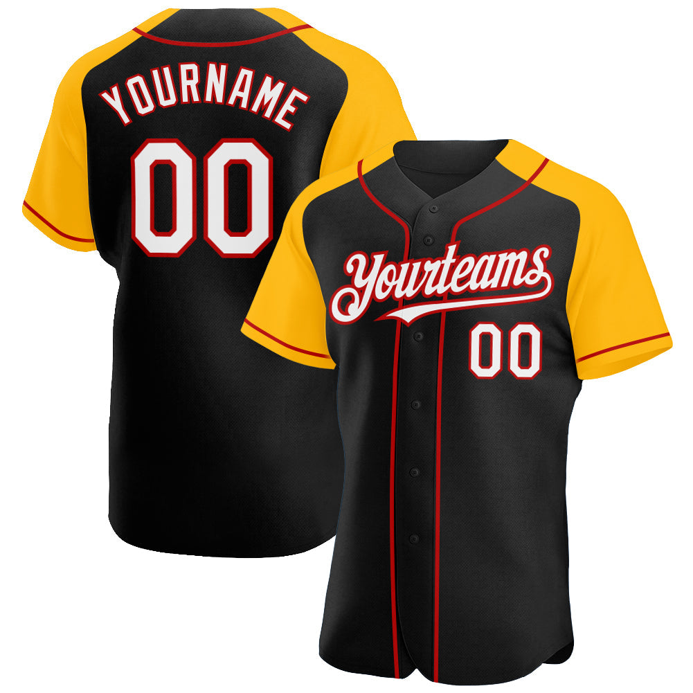 Custom Black White Gold-Red Authentic Raglan Sleeves Baseball Jersey - Main View