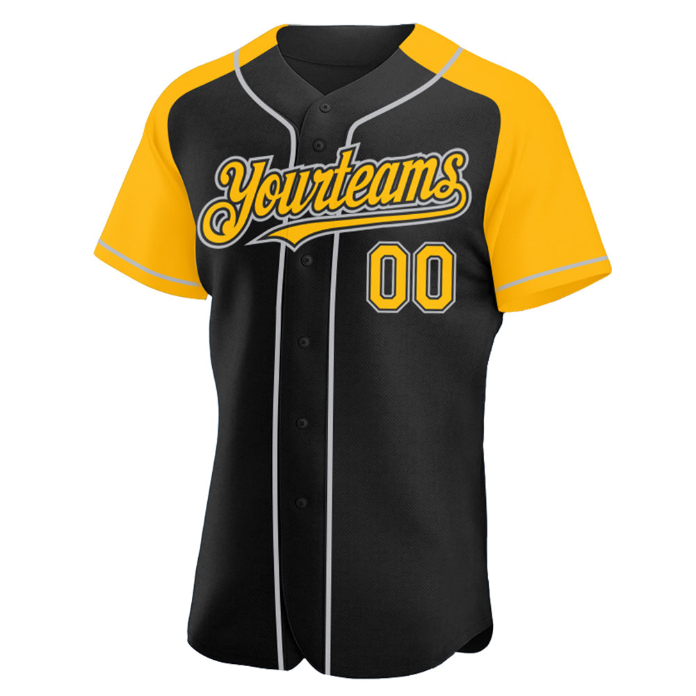 Custom Black Gold-Gray Authentic Raglan Sleeves Baseball Jersey view 2