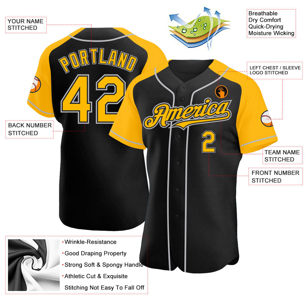 Custom Black Gold-Gray Authentic Raglan Sleeves Baseball Jersey view 3