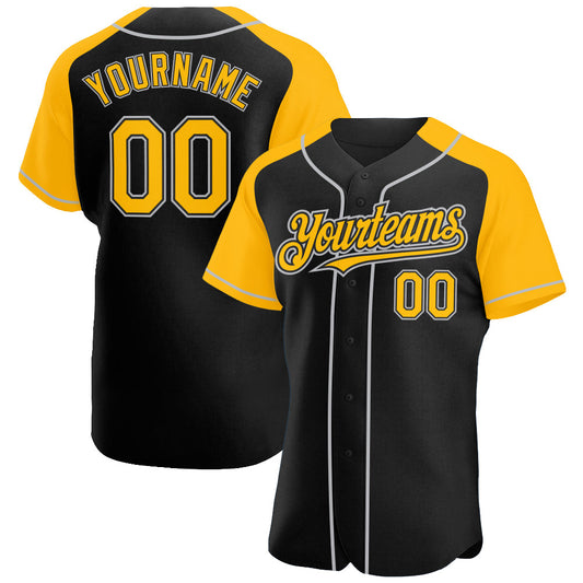 Custom Black Gold-Gray Authentic Raglan Sleeves Baseball Jersey - Main View