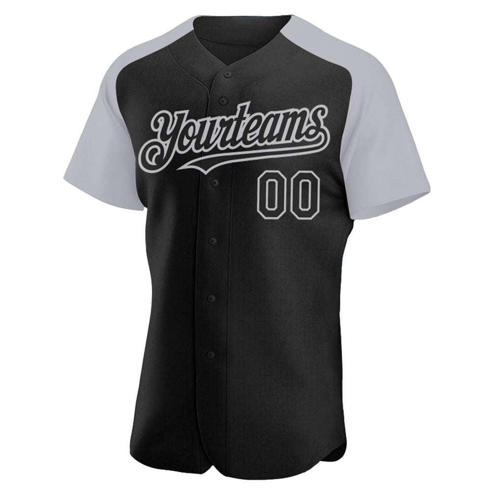 Custom Black Gray Authentic Raglan Sleeves Baseball Jersey view 2