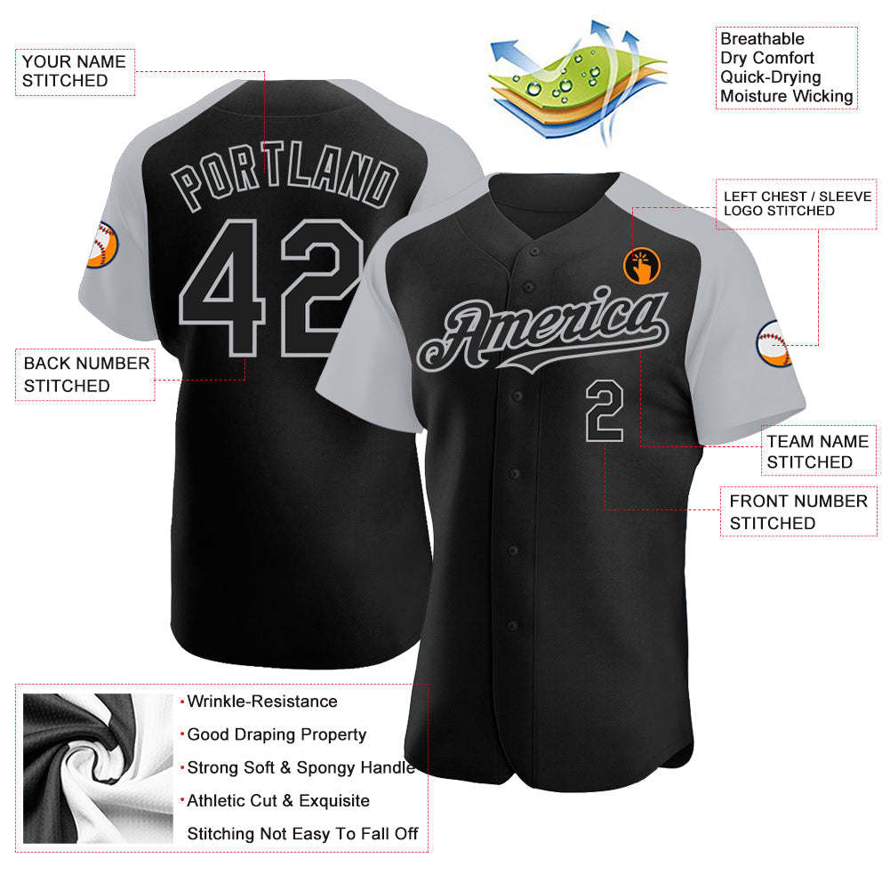 Custom Black Gray Authentic Raglan Sleeves Baseball Jersey view 3