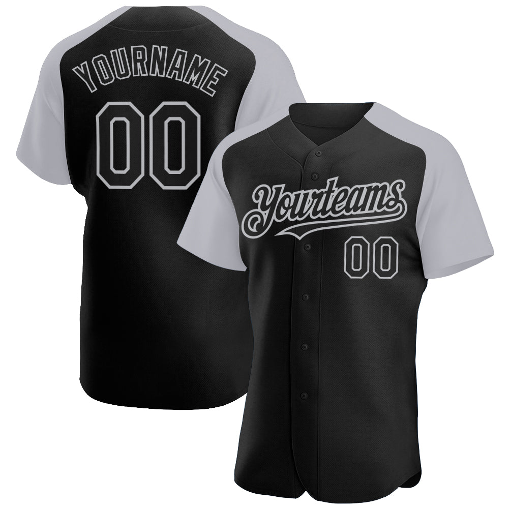 Custom Black Gray Authentic Raglan Sleeves Baseball Jersey - Main View