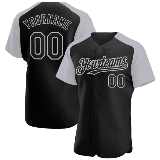 Custom Black Gray Authentic Raglan Sleeves Baseball Jersey - Main View