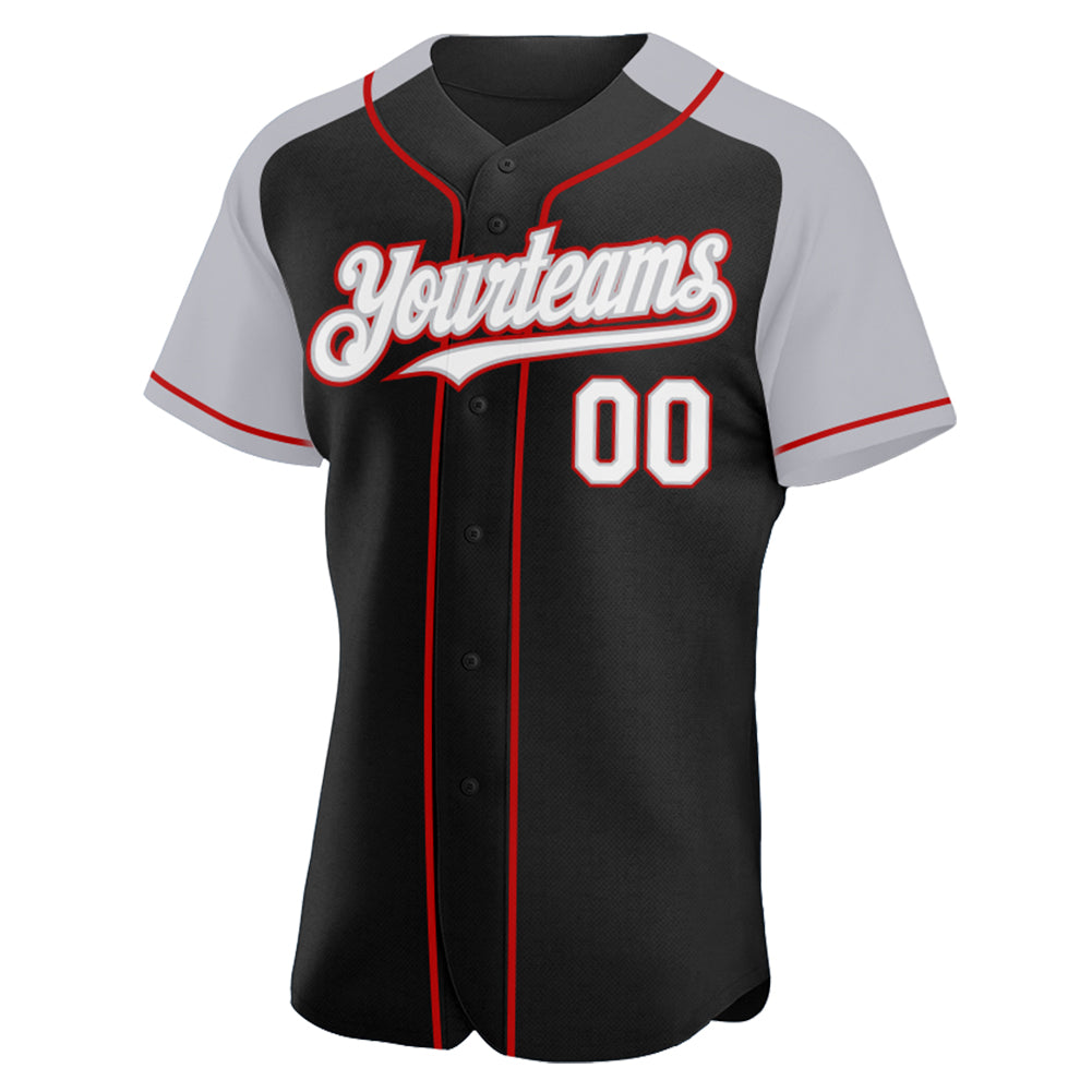 Custom Black White Gray-Red Authentic Raglan Sleeves Baseball Jersey view 2