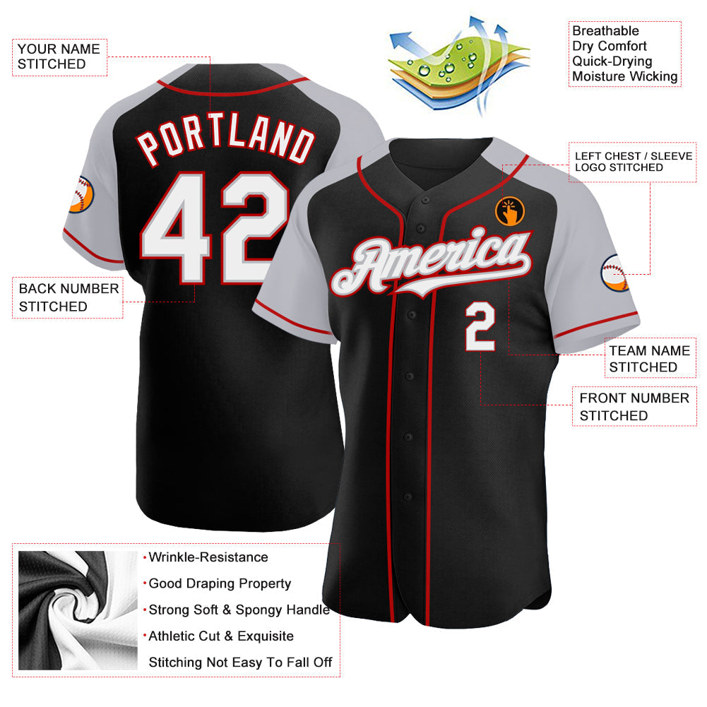 Custom Black White Gray-Red Authentic Raglan Sleeves Baseball Jersey view 3