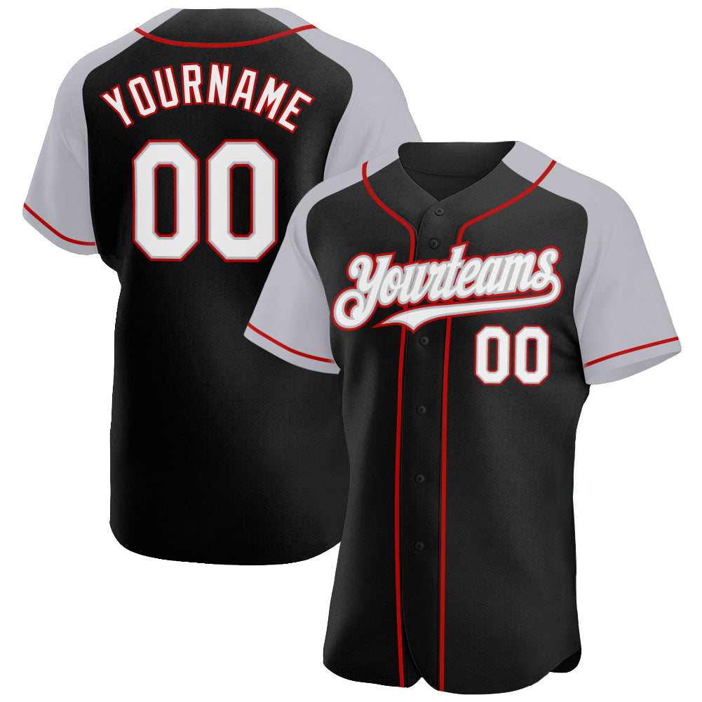 Custom Black White Gray-Red Authentic Raglan Sleeves Baseball Jersey - Main View