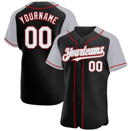 Custom Black White Gray-Red Authentic Raglan Sleeves Baseball Jersey - Main View