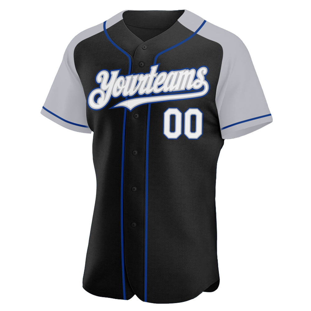 Custom Black White Gray-Royal Authentic Raglan Sleeves Baseball Jersey view 2