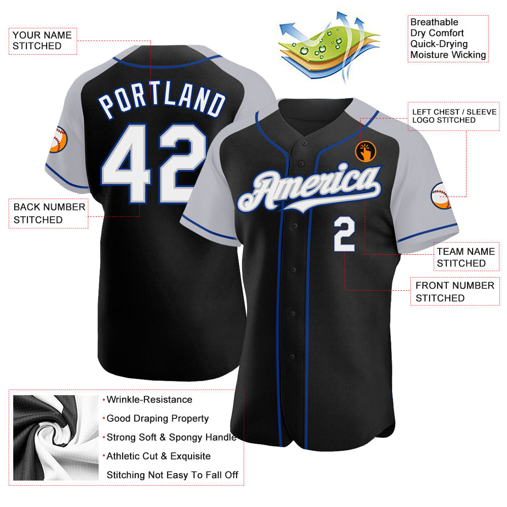 Custom Black White Gray-Royal Authentic Raglan Sleeves Baseball Jersey view 3