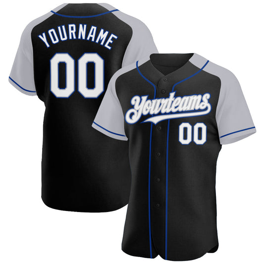 Custom Black White Gray-Royal Authentic Raglan Sleeves Baseball Jersey - Main View