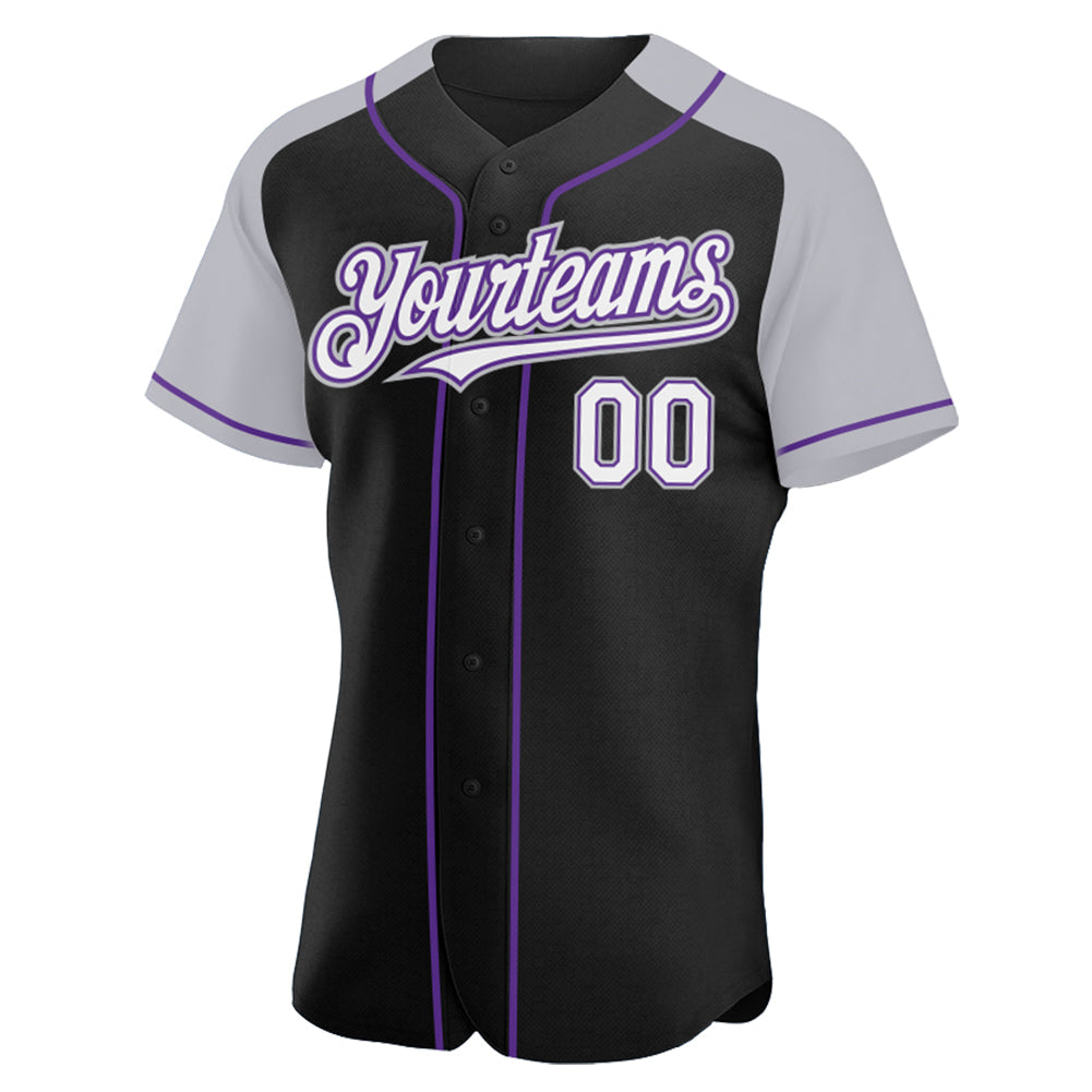Custom Black White Gray-Purple Authentic Raglan Sleeves Baseball Jersey view 2