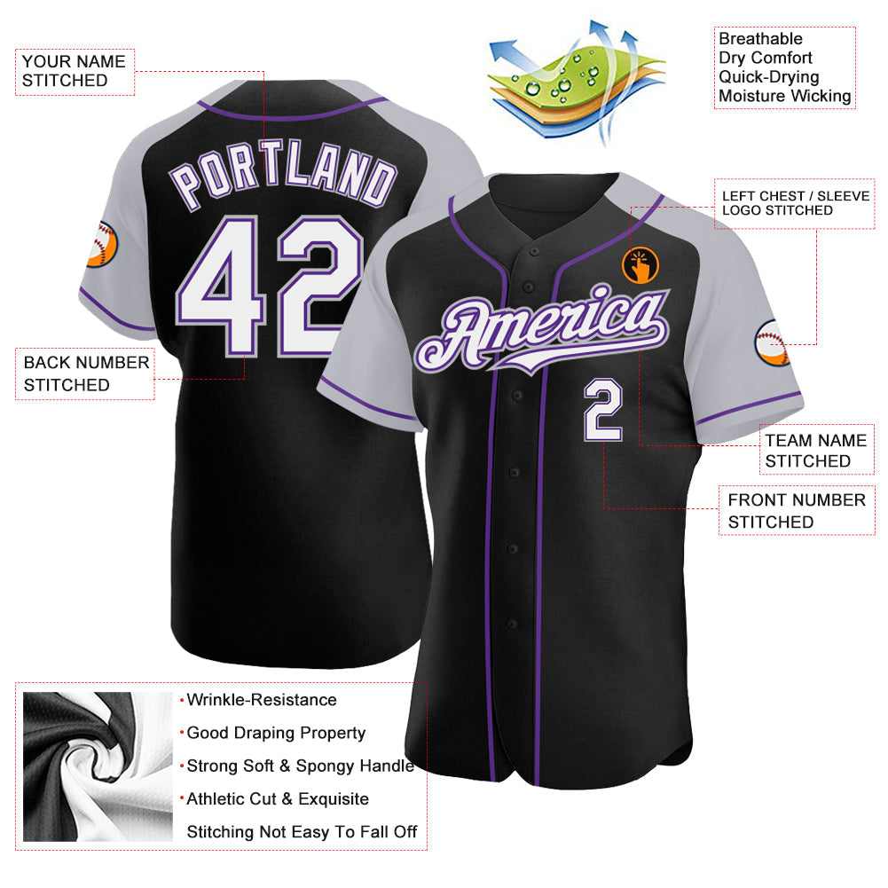 Custom Black White Gray-Purple Authentic Raglan Sleeves Baseball Jersey view 3