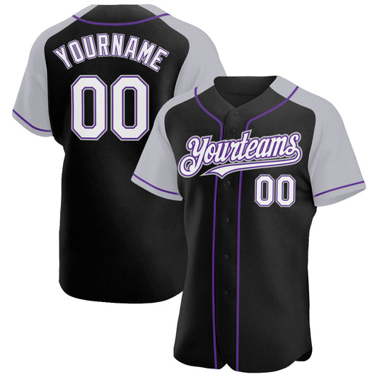 Custom Black White Gray-Purple Authentic Raglan Sleeves Baseball Jersey - Main View