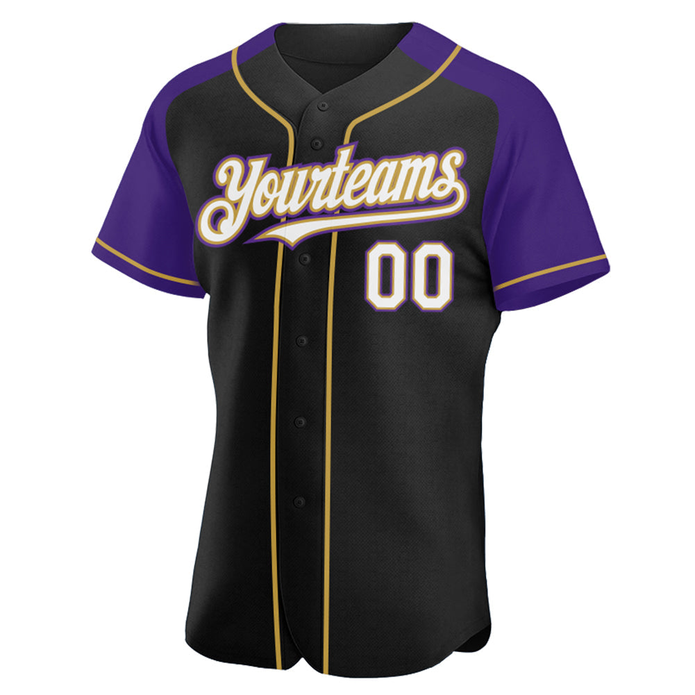 Custom Black White Purple-Old Gold Authentic Raglan Sleeves Baseball Jersey view 2