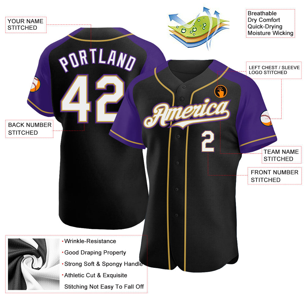 Custom Black White Purple-Old Gold Authentic Raglan Sleeves Baseball Jersey view 3