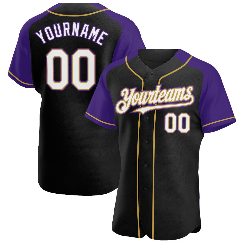 Custom Black White Purple-Old Gold Authentic Raglan Sleeves Baseball Jersey - Main View