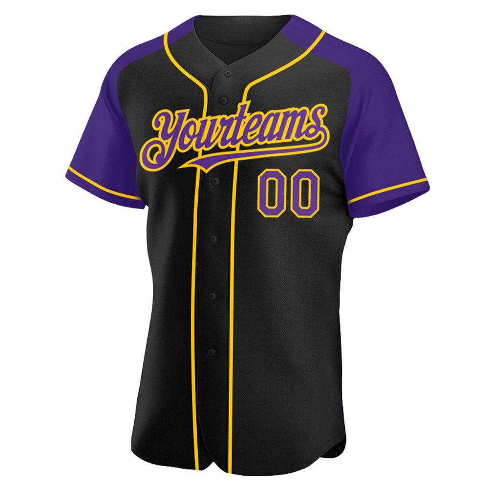 Custom Black Purple-Yellow Authentic Raglan Sleeves Baseball Jersey view 2