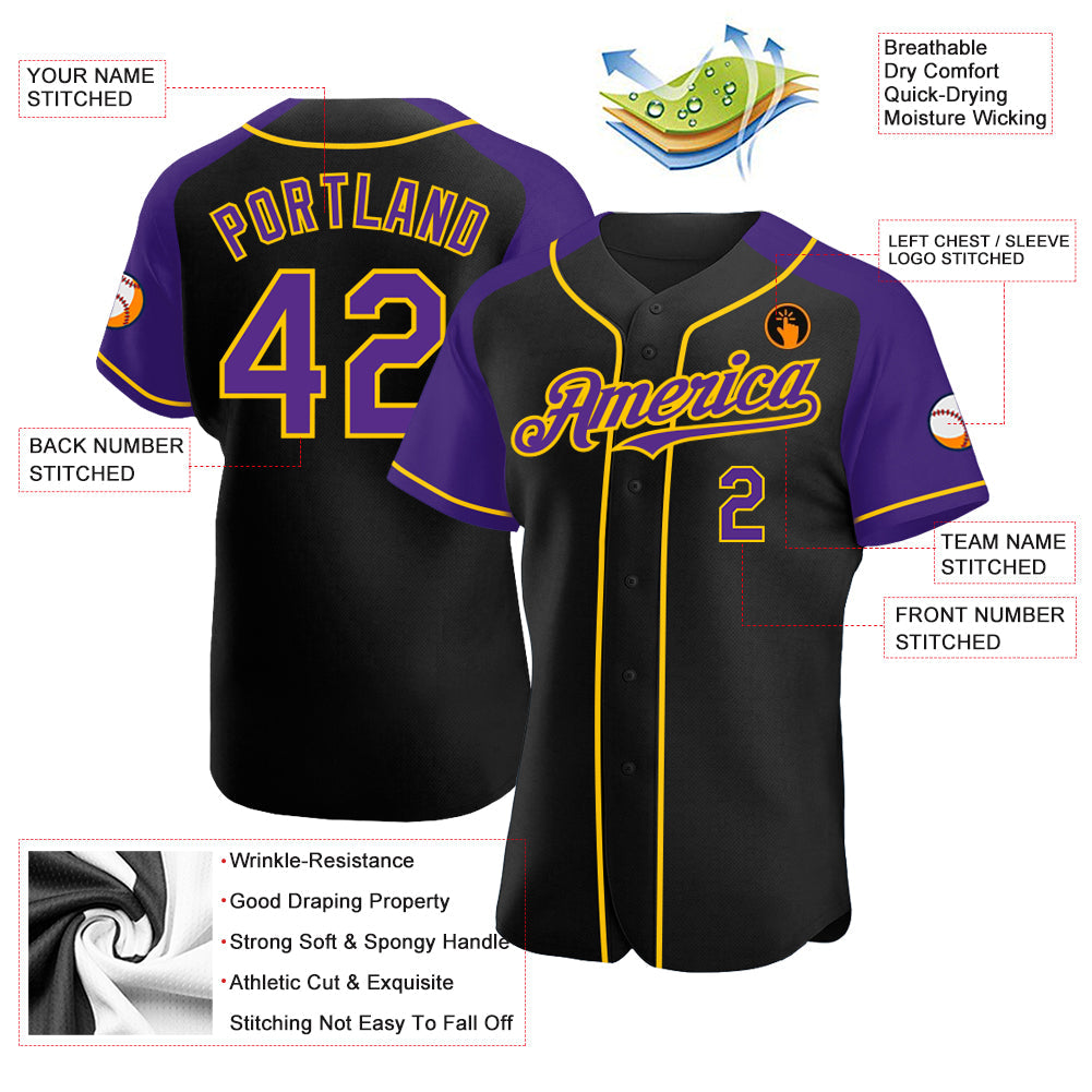 Custom Black Purple-Yellow Authentic Raglan Sleeves Baseball Jersey view 3
