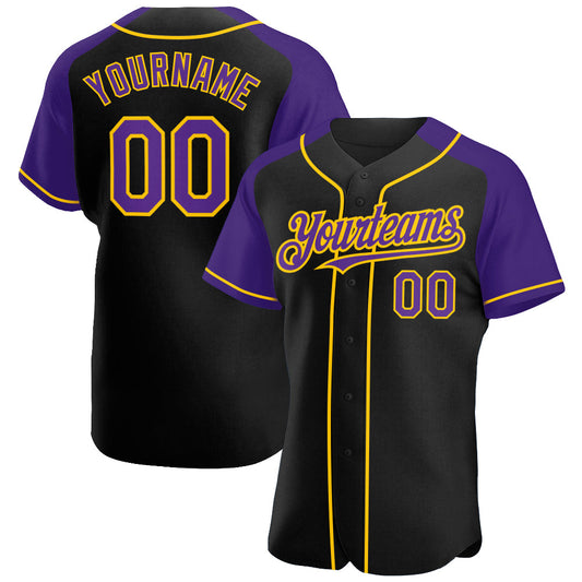 Custom Black Purple-Yellow Authentic Raglan Sleeves Baseball Jersey - Main View