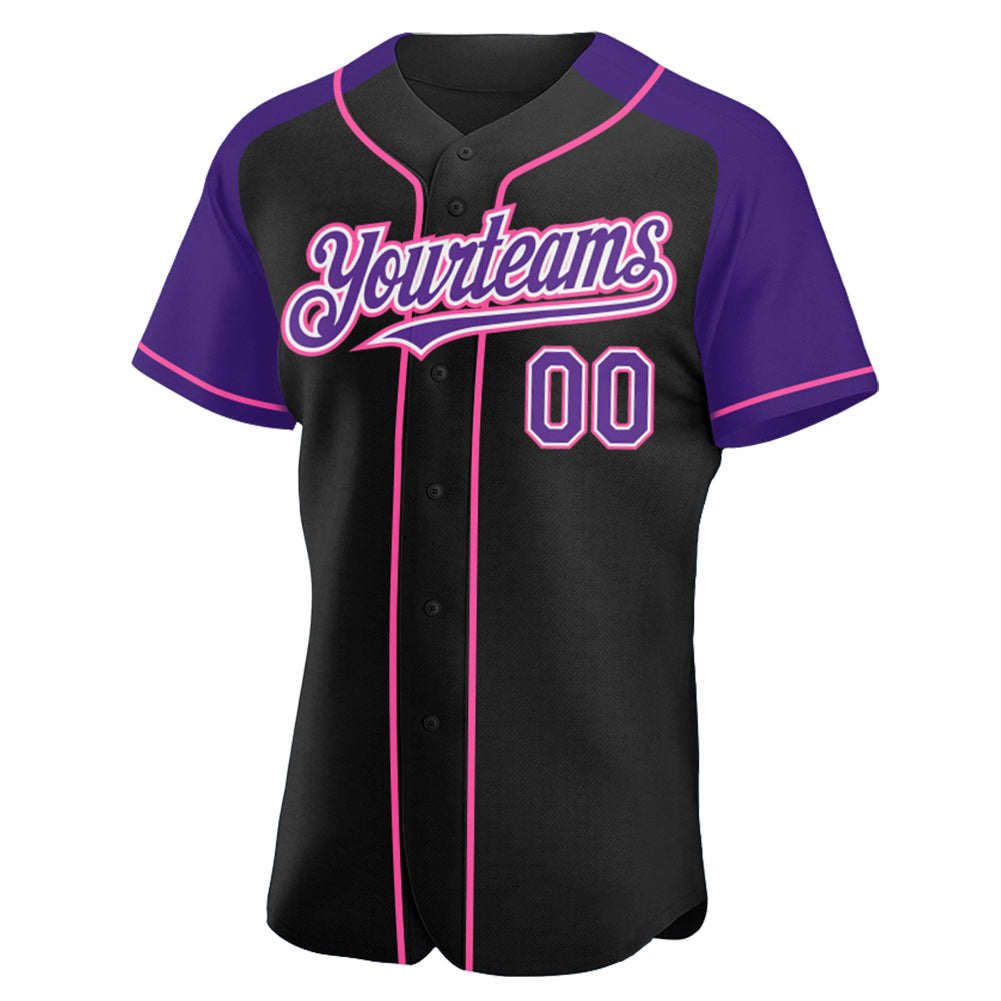 Custom Black Purple-Pink Authentic Raglan Sleeves Baseball Jersey view 2