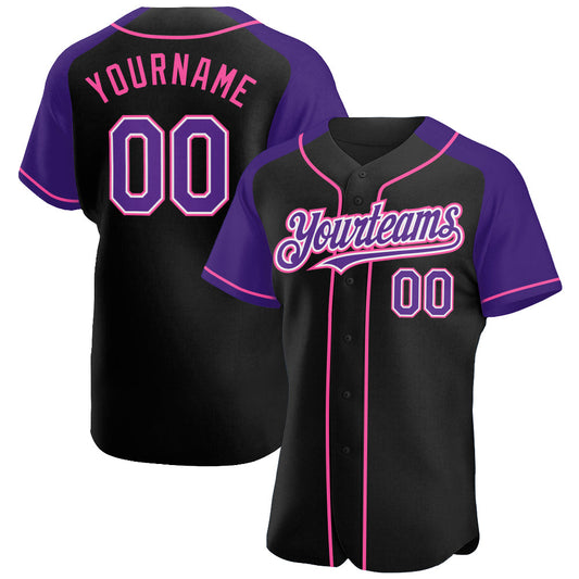 Custom Black Purple-Pink Authentic Raglan Sleeves Baseball Jersey - Main View