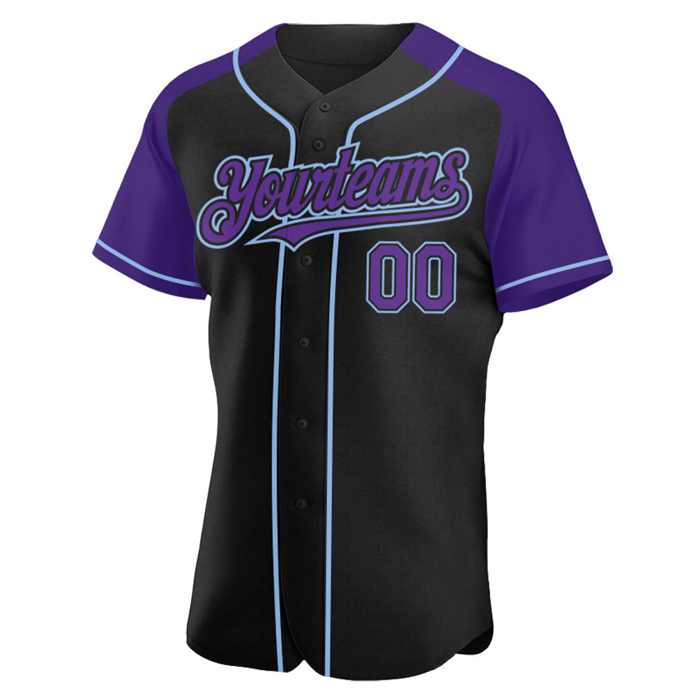 Custom Black Purple-Light Blue Authentic Raglan Sleeves Baseball Jersey view 2