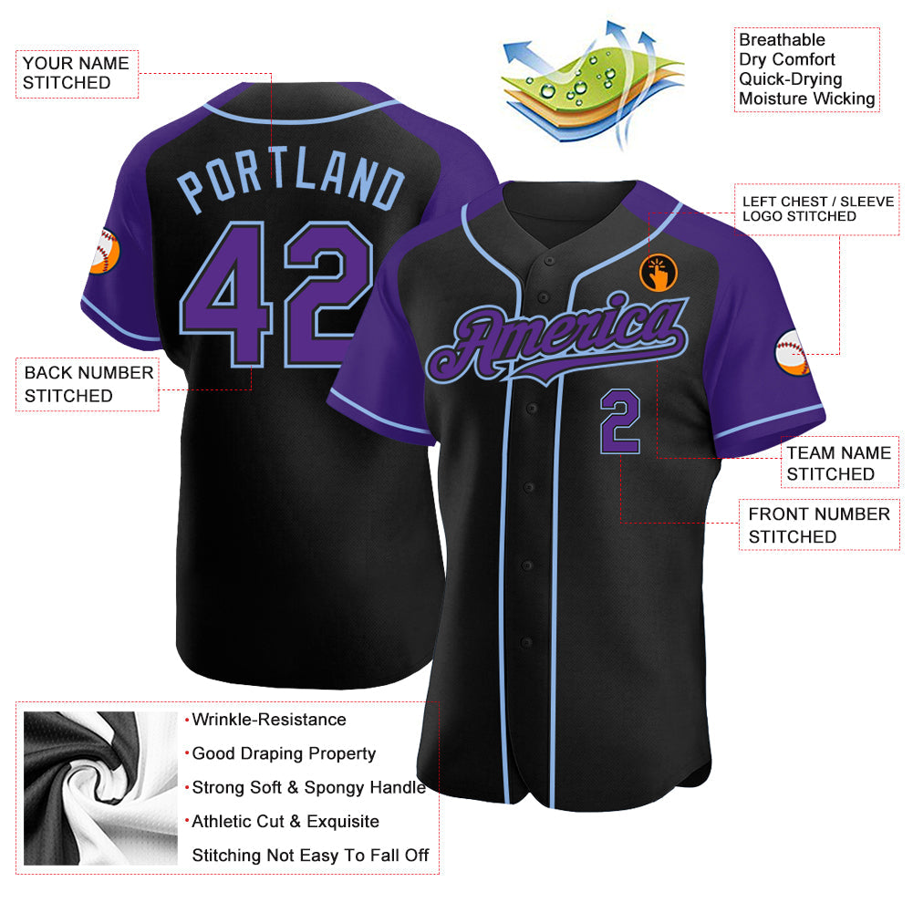 Custom Black Purple-Light Blue Authentic Raglan Sleeves Baseball Jersey view 3