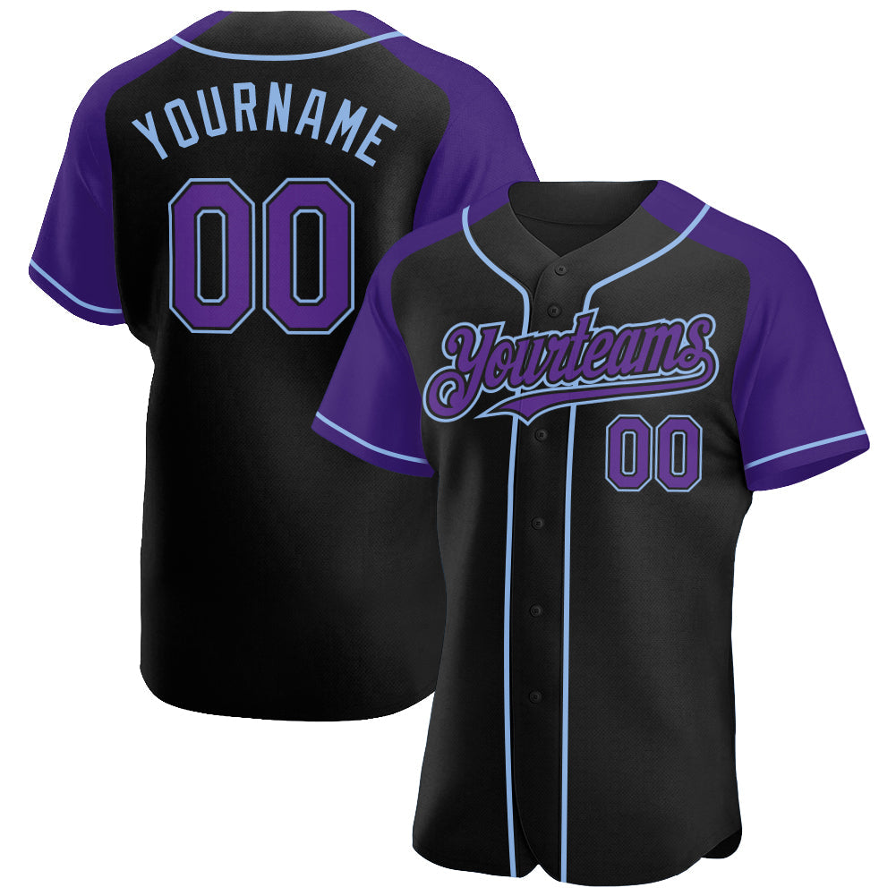 Custom Black Purple-Light Blue Authentic Raglan Sleeves Baseball Jersey - Main View