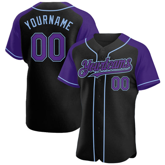 Custom Black Purple-Light Blue Authentic Raglan Sleeves Baseball Jersey - Main View