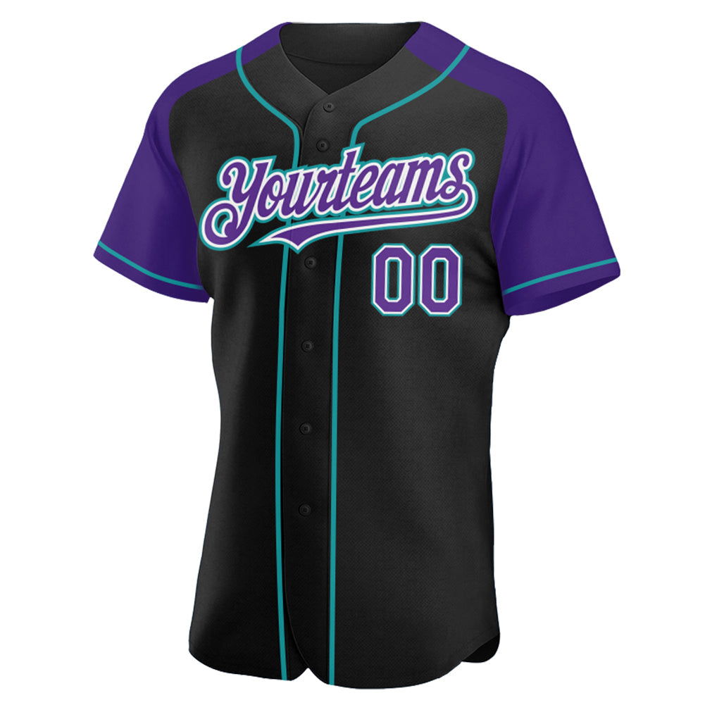 Custom Black Purple-Teal Authentic Raglan Sleeves Baseball Jersey view 2