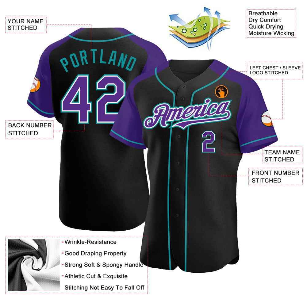 Custom Black Purple-Teal Authentic Raglan Sleeves Baseball Jersey view 3