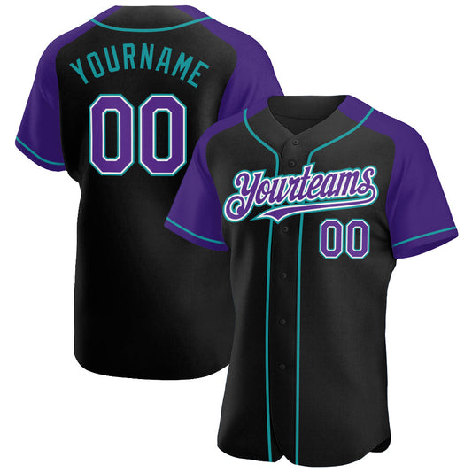 Custom Black Purple-Teal Authentic Raglan Sleeves Baseball Jersey - Main View