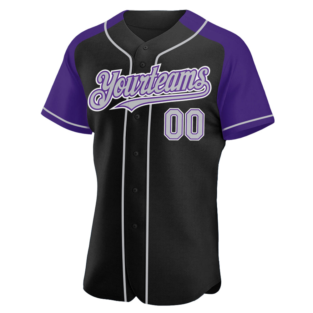 Custom Black Gray-Purple Authentic Raglan Sleeves Baseball Jersey view 2