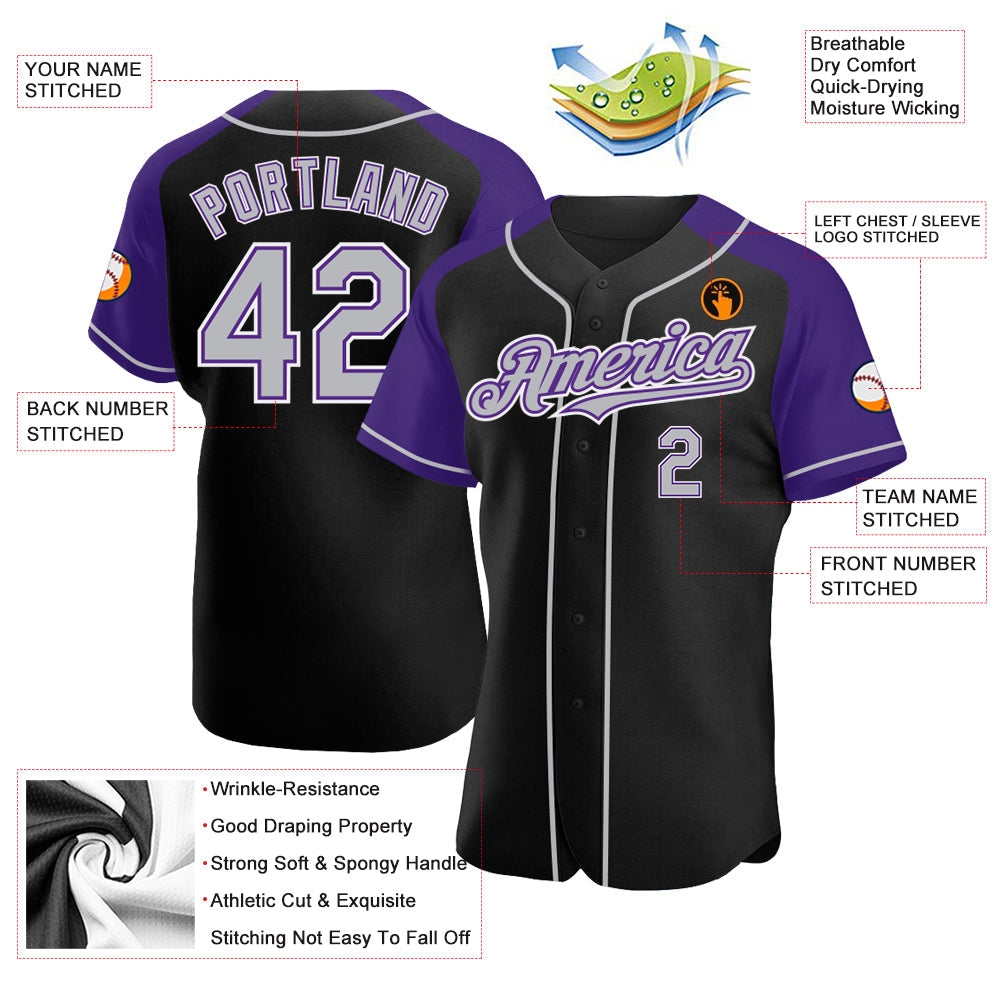 Custom Black Gray-Purple Authentic Raglan Sleeves Baseball Jersey view 3