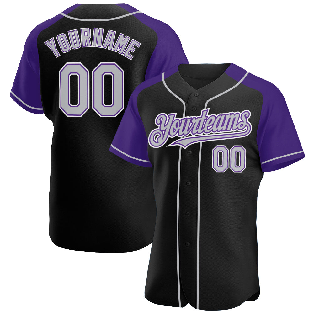 Custom Black Gray-Purple Authentic Raglan Sleeves Baseball Jersey - Main View
