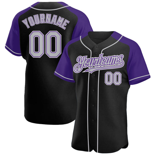 Custom Black Gray-Purple Authentic Raglan Sleeves Baseball Jersey - Main View