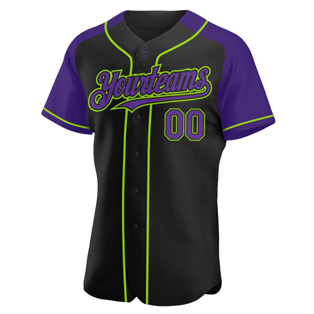 Custom Black Purple-Neon Green Authentic Raglan Sleeves Baseball Jersey view 3