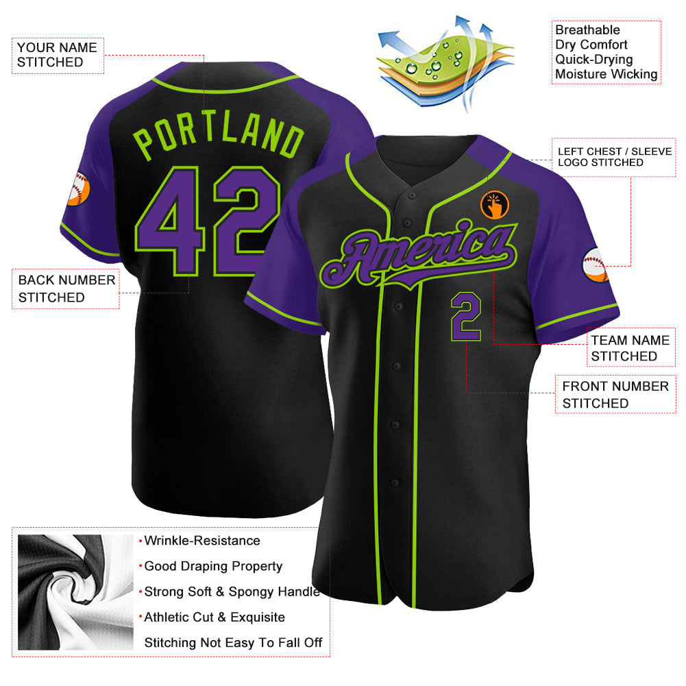 Custom Black Purple-Neon Green Authentic Raglan Sleeves Baseball Jersey view 4