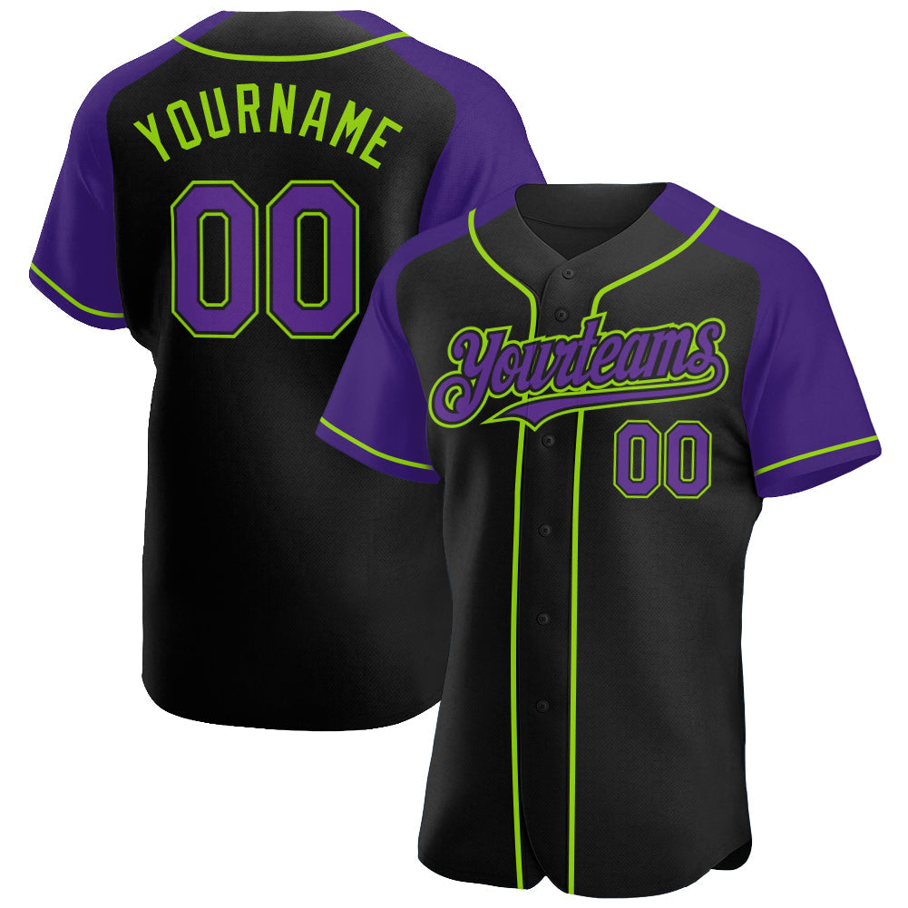 Custom Black Purple-Neon Green Authentic Raglan Sleeves Baseball Jersey - Main View
