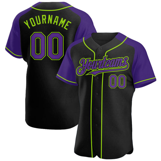 Custom Black Purple-Neon Green Authentic Raglan Sleeves Baseball Jersey - Main View