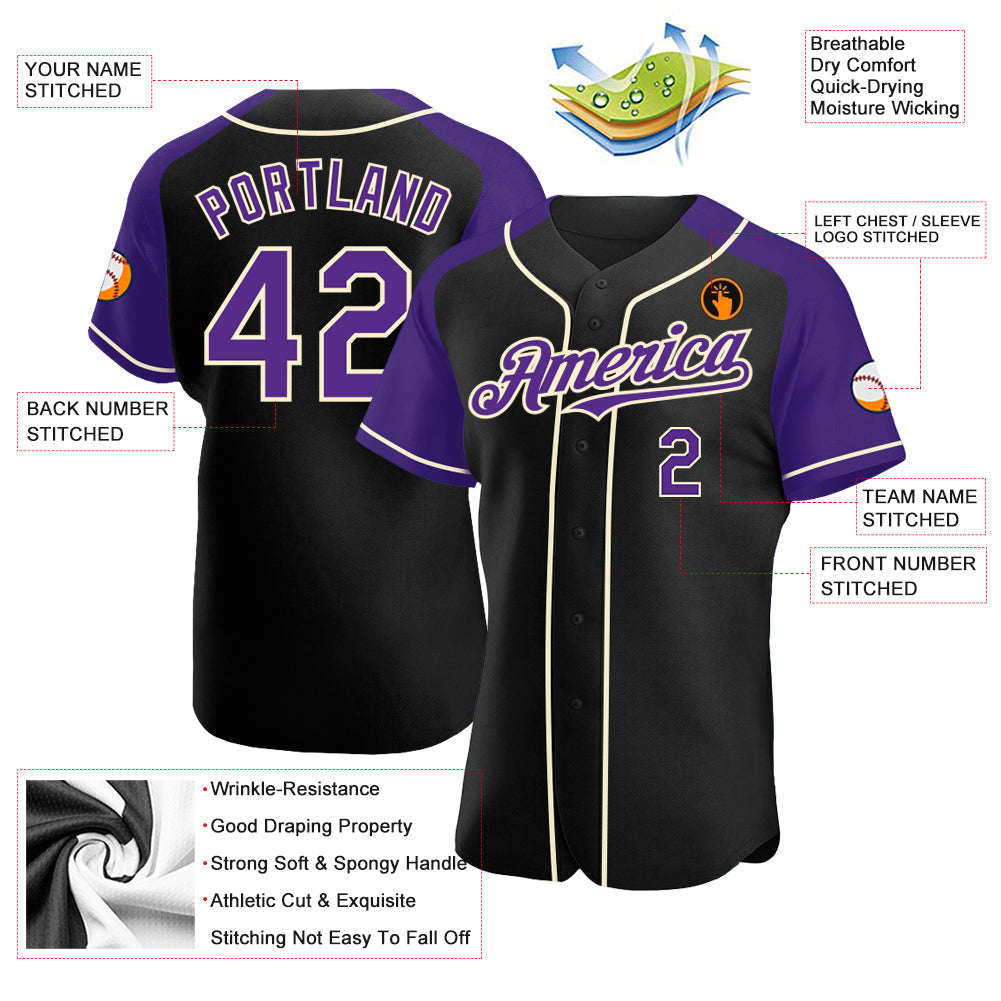 Custom Black Purple-Cream Authentic Raglan Sleeves Baseball Jersey view 3
