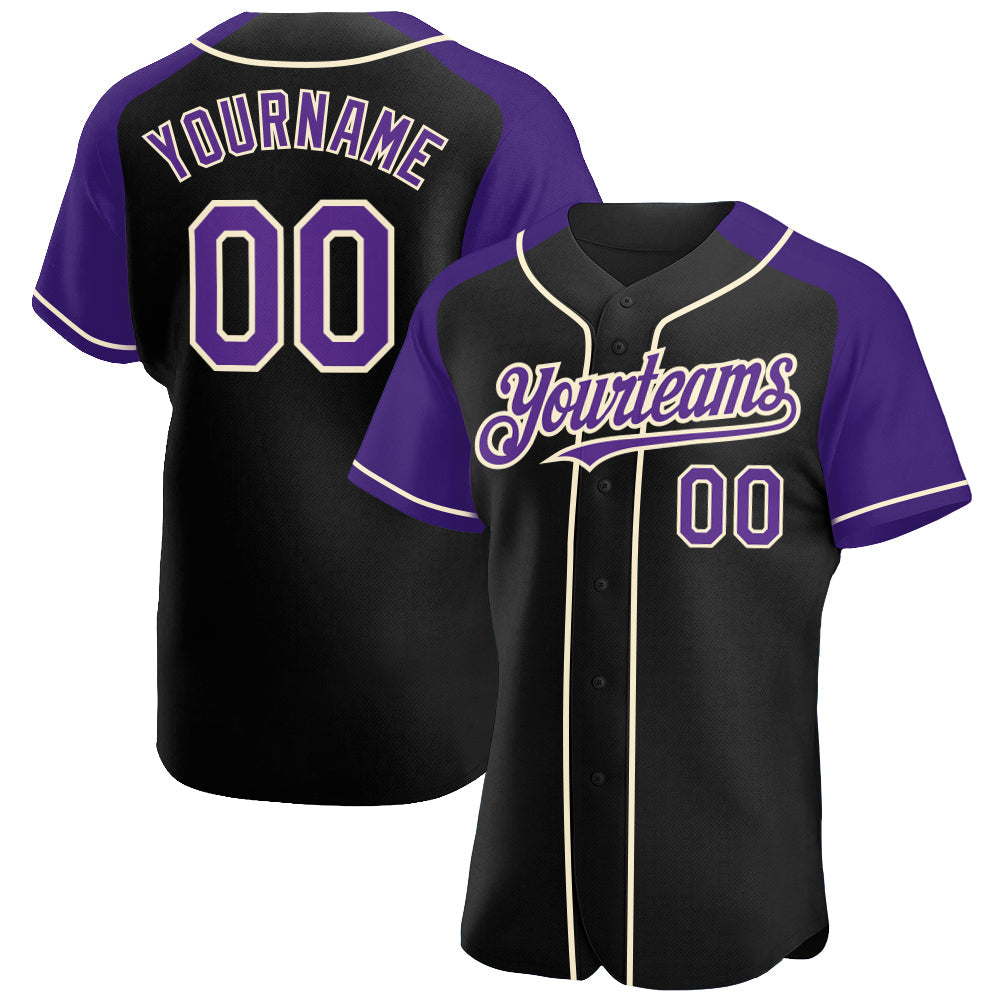 Custom Black Purple-Cream Authentic Raglan Sleeves Baseball Jersey - Main View