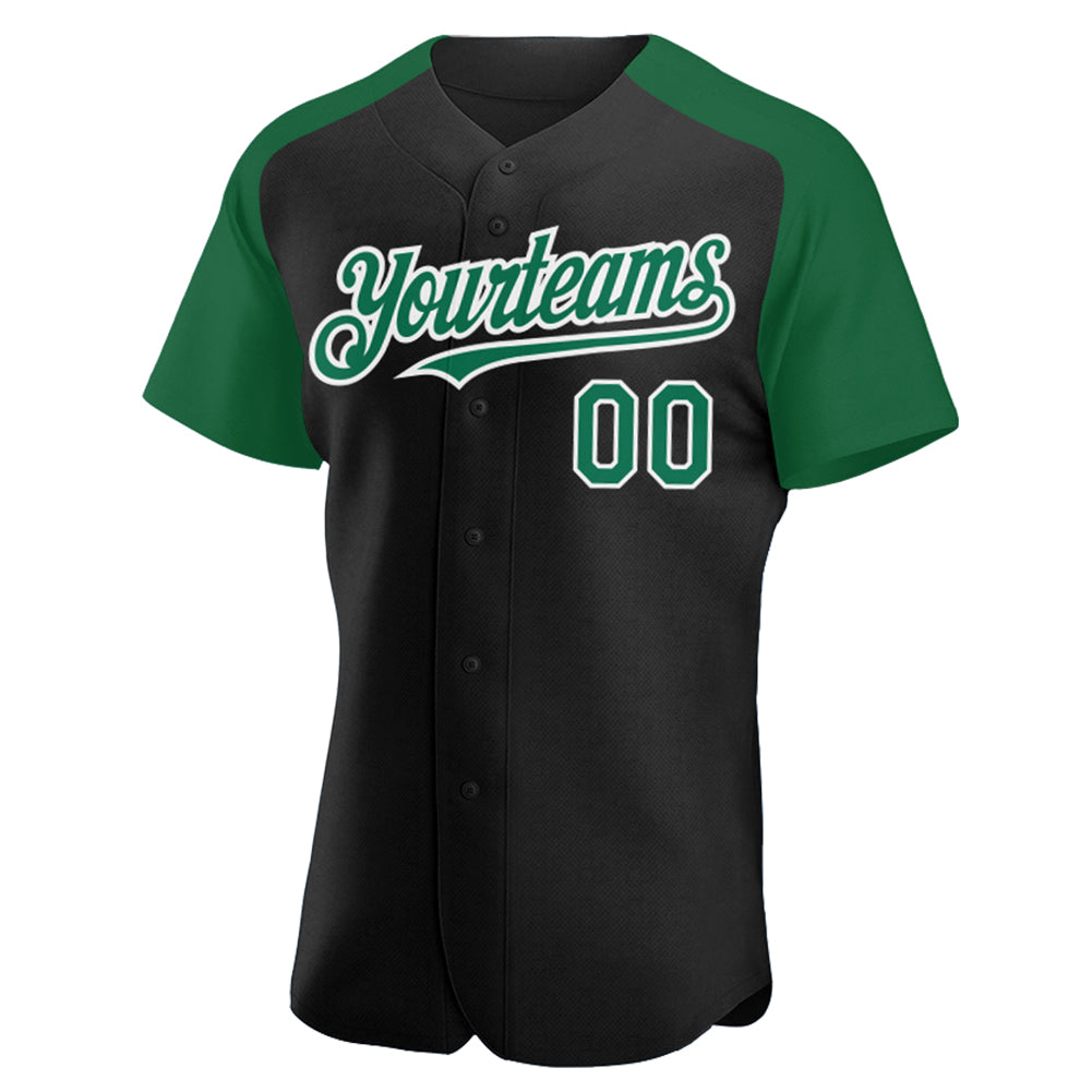 Custom Black Kelly Green-White Authentic Raglan Sleeves Baseball Jersey view 2